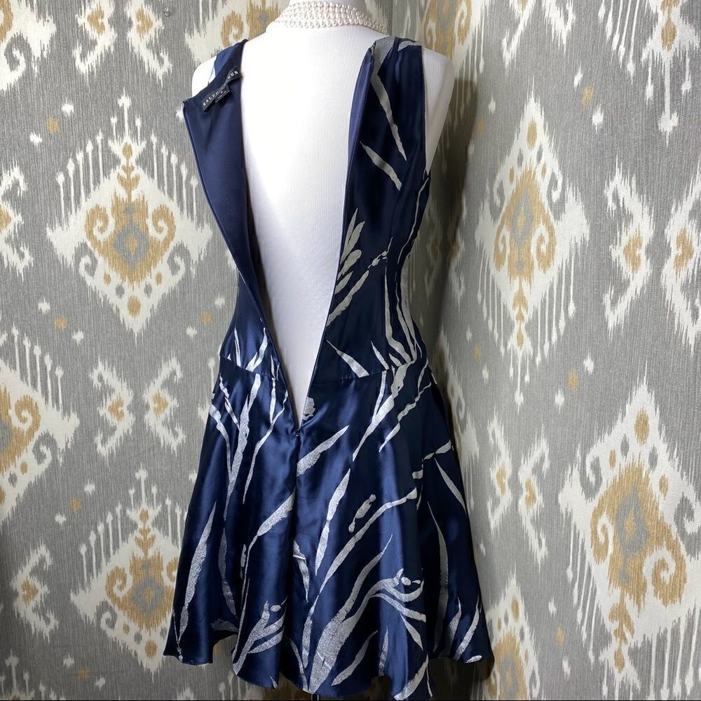 Ralph Lauren Silver Foil Botanical Print Navy Silk Fit & Flare Dress - Picture 10 of 16